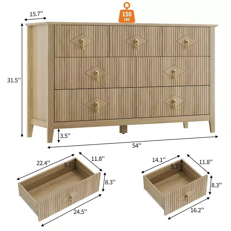 Cómoda de 7 cajones para dormitorio, cómoda de madera de 137 cm de ancho con tiradores de metal, organizador de ropa estriado, mueble de TV para pasillo