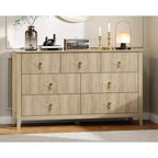 Cómoda de 7 cajones para dormitorio, cómoda de madera de 137 cm de ancho con tiradores de metal, organizador de ropa estriado, mueble de TV para pasillo