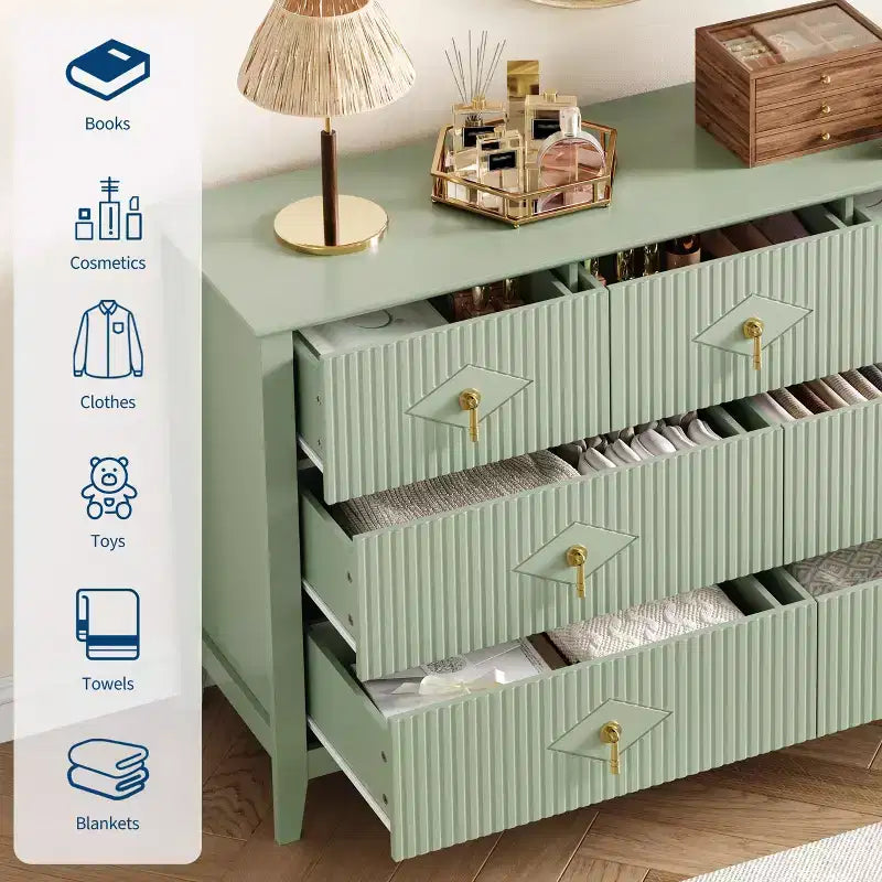 Cómoda de 7 cajones para dormitorio, cómoda de madera de 137 cm de ancho con tiradores de metal, organizador de ropa estriado, mueble de TV para pasillo