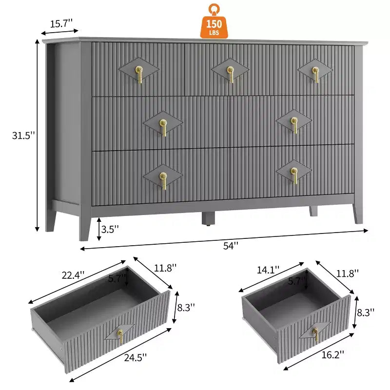 Cómoda de 7 cajones para dormitorio, cómoda de madera de 137 cm de ancho con tiradores de metal, organizador de ropa estriado, mueble de TV para pasillo