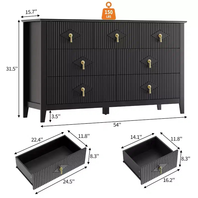 Cómoda de 7 cajones para dormitorio, cómoda de madera de 137 cm de ancho con tiradores de metal, organizador de ropa estriado, mueble de TV para pasillo