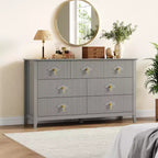 Cómoda de 7 cajones para dormitorio, cómoda de madera de 137 cm de ancho con tiradores de metal, organizador de ropa estriado, mueble de TV para pasillo