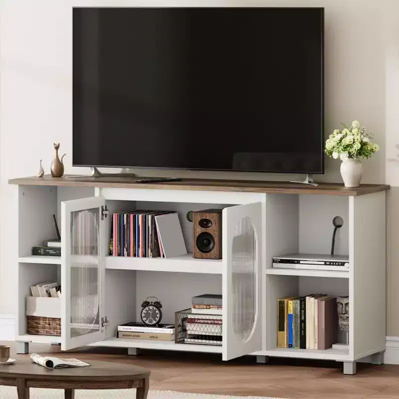 Mueble de TV Moderno para Televisores de 60/65/70 Pulgadas, Consola Multimedia con 2 Puertas de Gabinete de Vidrio Corrugado, 4 Estantes Abiertos, Centro de Entretenimiento con Almacenamiento