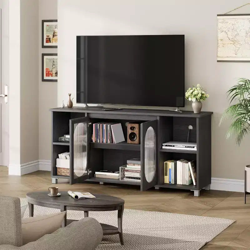 Mueble de TV Moderno para Televisores de 60/65/70 Pulgadas, Consola Multimedia con 2 Puertas de Gabinete de Vidrio Corrugado, 4 Estantes Abiertos, Centro de Entretenimiento con Almacenamiento