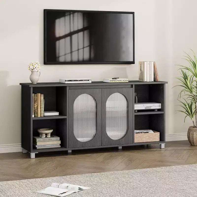 Mueble de TV Moderno para Televisores de 60/65/70 Pulgadas, Consola Multimedia con 2 Puertas de Gabinete de Vidrio Corrugado, 4 Estantes Abiertos, Centro de Entretenimiento con Almacenamiento