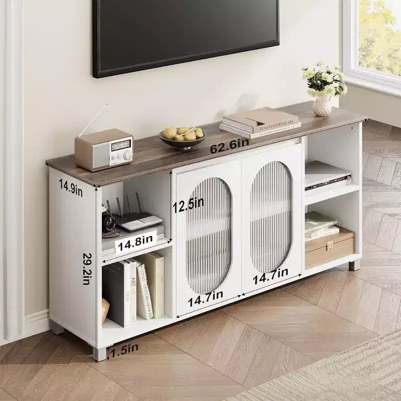 Mueble de TV Moderno para Televisores de 60/65/70 Pulgadas, Consola Multimedia con 2 Puertas de Gabinete de Vidrio Corrugado, 4 Estantes Abiertos, Centro de Entretenimiento con Almacenamiento