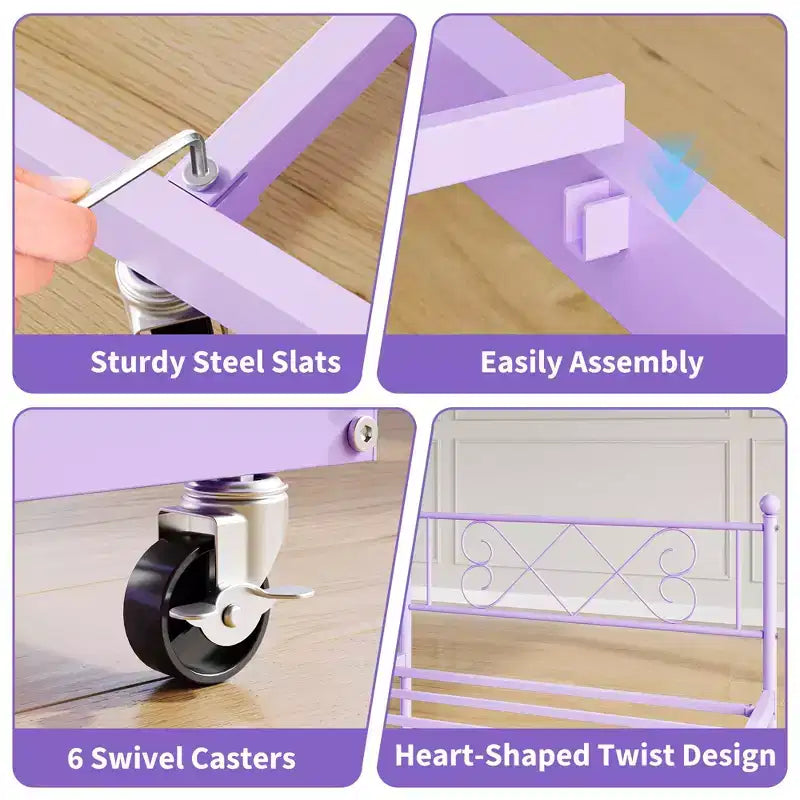 Cama de día con nido, Cama nido doble con cabecero en forma de corazón para niños, Cama de día de metal resistente con soporte de listones de acero, Cama de día doble púrpura