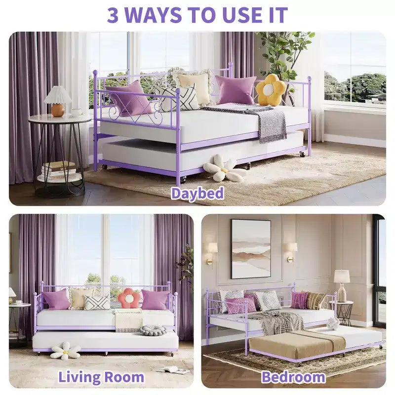 Cama de día con nido, Cama nido doble con cabecero en forma de corazón para niños, Cama de día de metal resistente con soporte de listones de acero, Cama de día doble púrpura