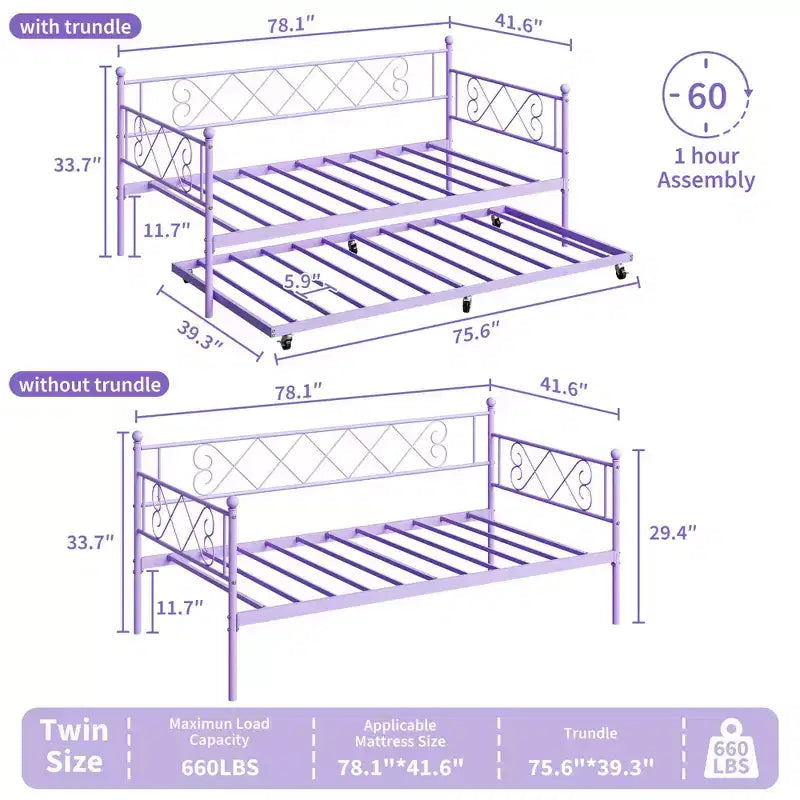 Cama de día con nido, Cama nido doble con cabecero en forma de corazón para niños, Cama de día de metal resistente con soporte de listones de acero, Cama de día doble púrpura