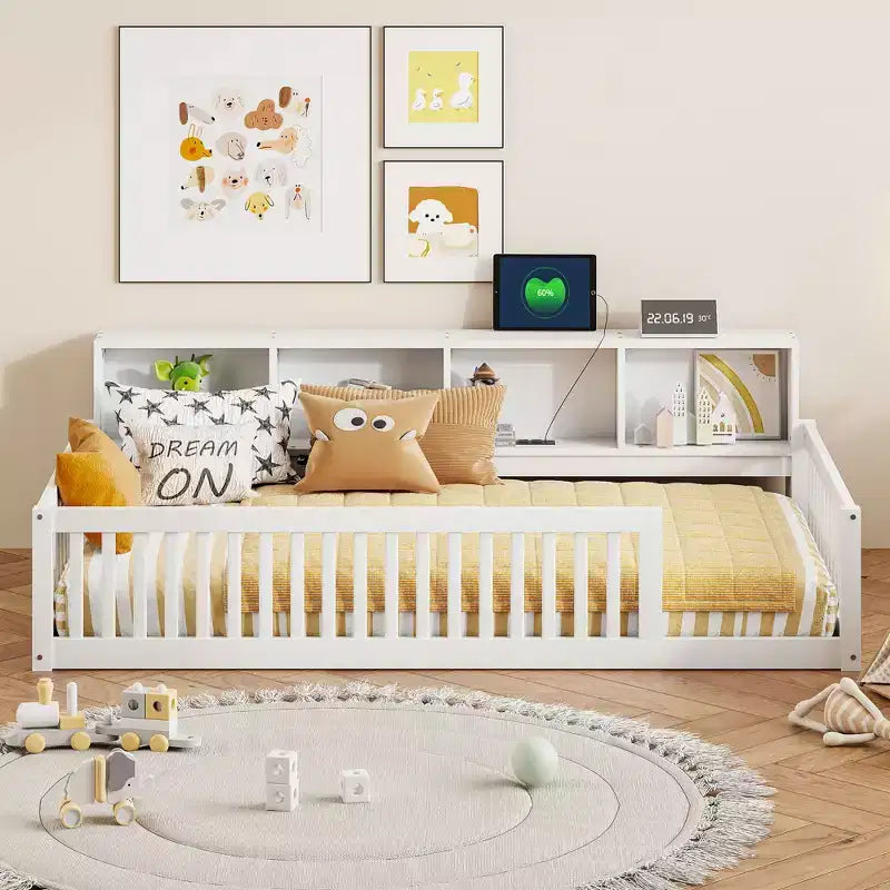 Bellemave Kids Montessori Floor Bed with Bookcase,Twin XL Size Floor Bed with Charging Station,Floor Bed Frame with Guardrails for Kids, White