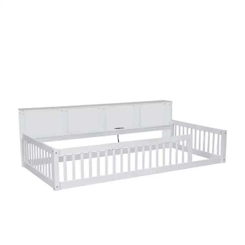 Cama Montessori para niños Bellemave con estantería, cama de suelo individual XL con estación de carga, estructura de cama de suelo con barandillas para niños, blanca
