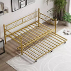 Cama nido Coolmee con cama supletoria, diván de metal tamaño individual con cabecero floral, estructura de cama moderna tipo sofá, soportes de láminas de acero de alta resistencia