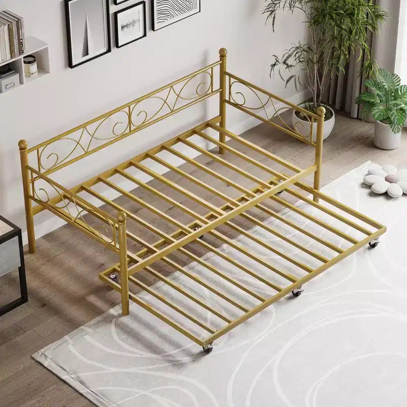Cama nido Coolmee con cama supletoria, diván de metal tamaño individual con cabecero floral, estructura de cama moderna tipo sofá, soportes de láminas de acero de alta resistencia