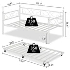 Cama nido Coolmee con cama supletoria, diván de metal tamaño individual con cabecero floral, estructura de cama moderna tipo sofá, soportes de láminas de acero de alta resistencia