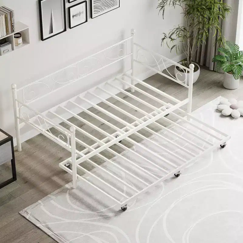 Cama nido Coolmee con cama supletoria, diván de metal tamaño individual con cabecero floral, estructura de cama moderna tipo sofá, soportes de láminas de acero de alta resistencia