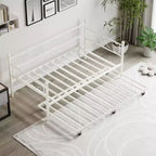Cama nido Coolmee con cama supletoria, diván de metal tamaño individual con cabecero floral, estructura de cama moderna tipo sofá, soportes de láminas de acero de alta resistencia