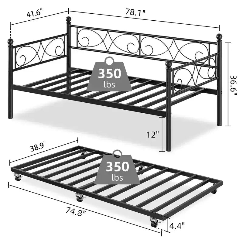 Cama nido Coolmee con cama supletoria, diván de metal tamaño individual con cabecero floral, estructura de cama moderna tipo sofá, soportes de láminas de acero de alta resistencia