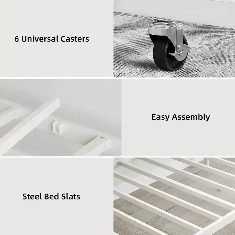 Cama nido Coolmee con cama supletoria, diván de metal tamaño individual con cabecero floral, estructura de cama moderna tipo sofá, soportes de láminas de acero de alta resistencia