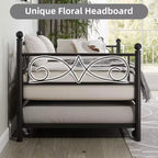 Cama nido Coolmee con cama supletoria, diván de metal tamaño individual con cabecero floral, estructura de cama moderna tipo sofá, soportes de láminas de acero de alta resistencia