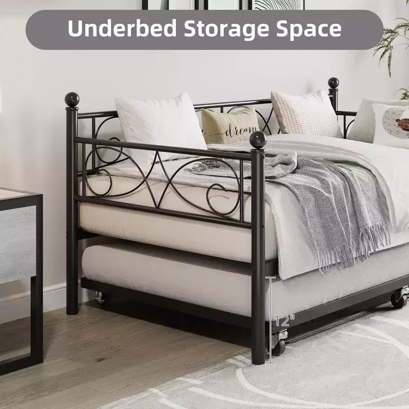 Cama nido Coolmee con cama supletoria, diván de metal tamaño individual con cabecero floral, estructura de cama moderna tipo sofá, soportes de láminas de acero de alta resistencia