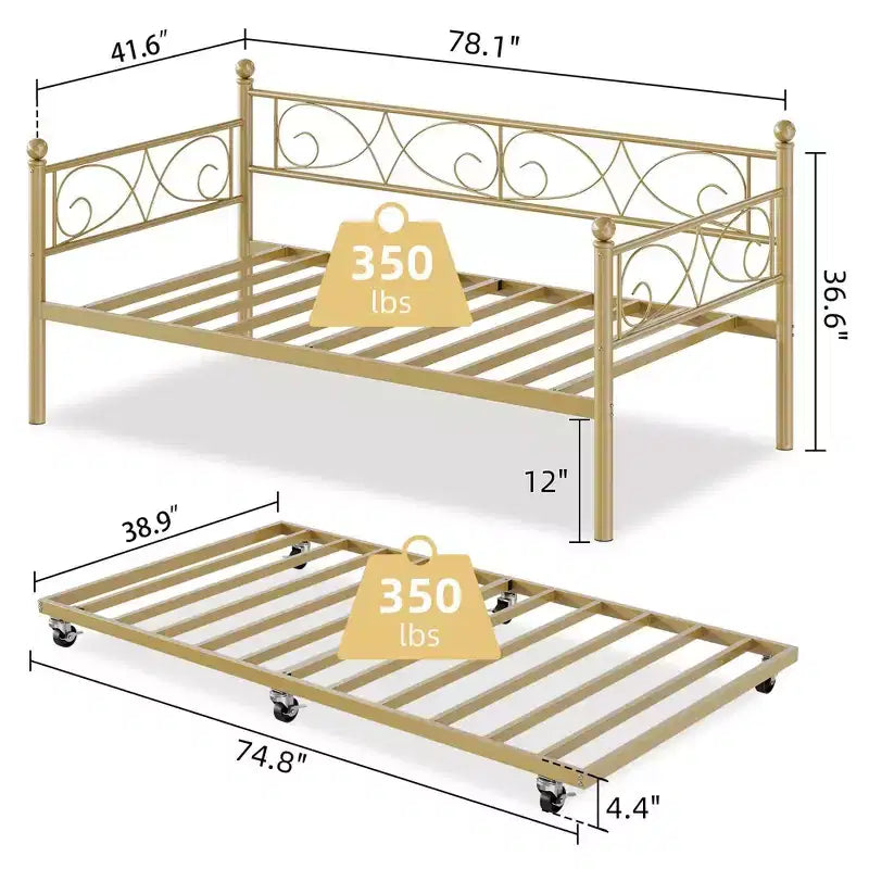 Cama nido Coolmee con cama supletoria, diván de metal tamaño individual con cabecero floral, estructura de cama moderna tipo sofá, soportes de láminas de acero de alta resistencia