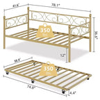 Cama nido Coolmee con cama supletoria, diván de metal tamaño individual con cabecero floral, estructura de cama moderna tipo sofá, soportes de láminas de acero de alta resistencia