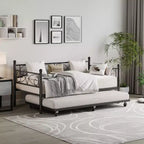 Coolmee Daybed with Trundle Bed, Twin Size Metal Day Bed with Floral Headboard, Modern Sofa Bed Frame, Heavy Duty Steel Slats Supports