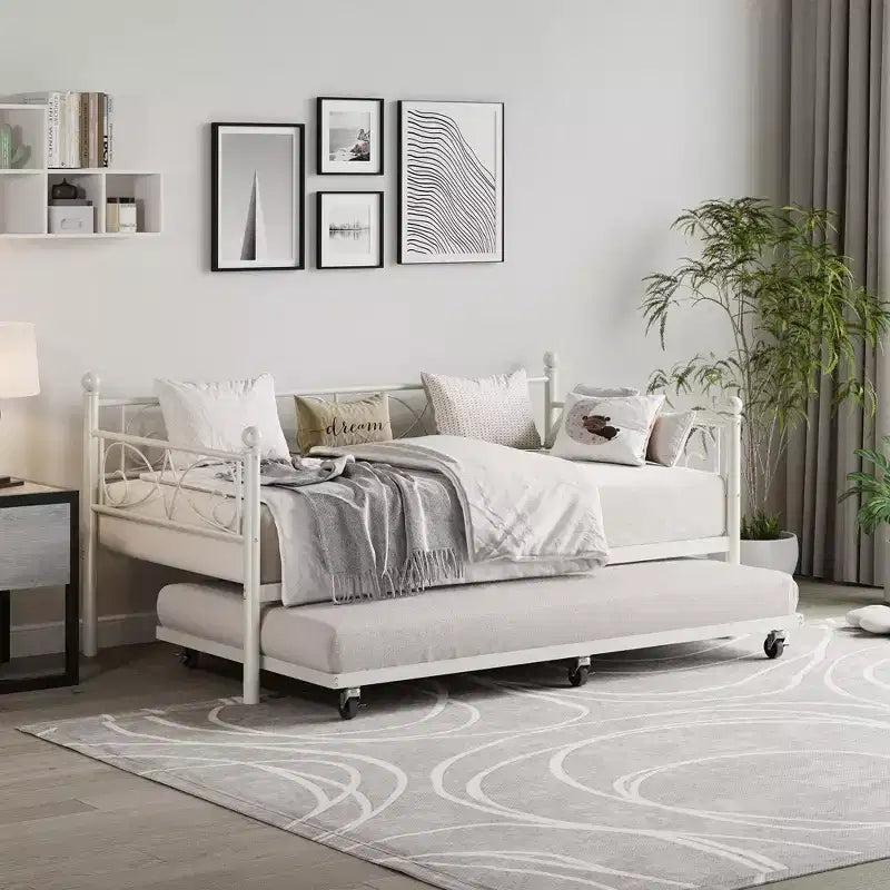 Cama nido Coolmee con cama supletoria, diván de metal tamaño individual con cabecero floral, estructura de cama moderna tipo sofá, soportes de láminas de acero de alta resistencia