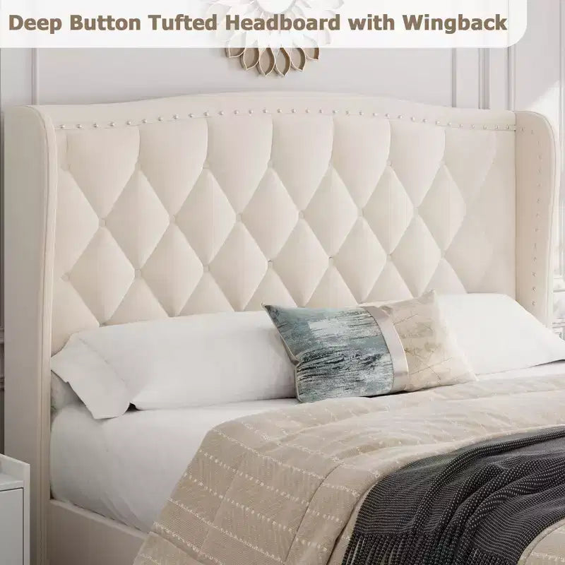 Base de Cama Tapizada de Lujo con Cabecero Ajustable - Tejido de Terciopelo y Soporte de Láminas de Madera