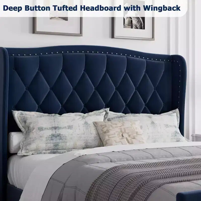 Base de Cama Tapizada de Lujo con Cabecero Ajustable - Tejido de Terciopelo y Soporte de Láminas de Madera