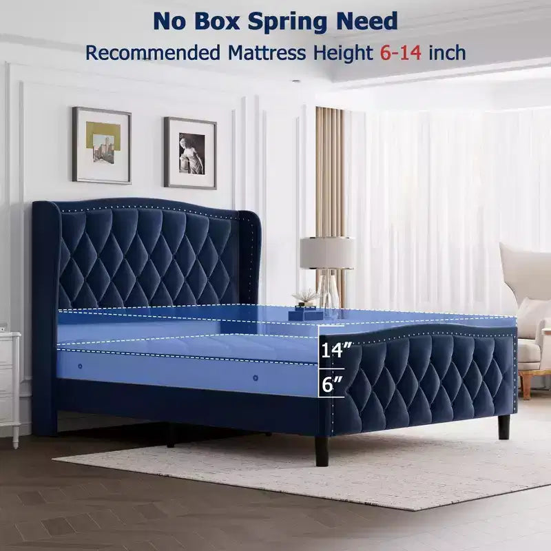 Base de Cama Tapizada de Lujo con Cabecero Ajustable - Tejido de Terciopelo y Soporte de Láminas de Madera