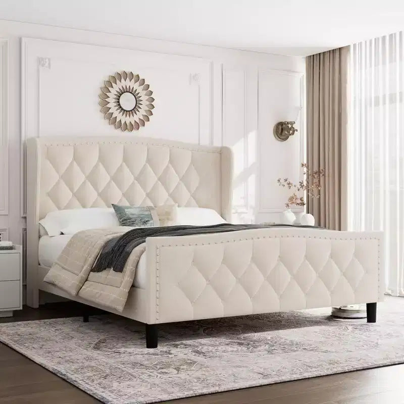 Base de Cama Tapizada de Lujo con Cabecero Ajustable - Tejido de Terciopelo y Soporte de Láminas de Madera