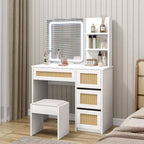 Escritorio de tocador Acekool de ratán blanco con luz LED de espejo ajustable, 4 cajones y 2 estantes abiertos, tocador espacioso para dormitorio