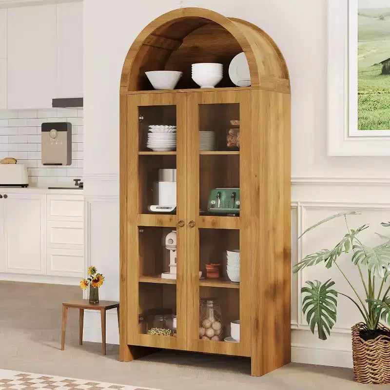 Mueble Expositor Acekool con Arco y Estantes Ajustables, Vitrina de Almacenamiento de 178 cm de Alto en Roble con Puertas de Acrílico Transparente para Cocina o Salón