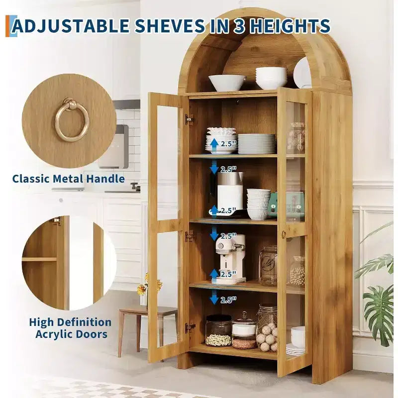 Mueble Expositor Acekool con Arco y Estantes Ajustables, Vitrina de Almacenamiento de 178 cm de Alto en Roble con Puertas de Acrílico Transparente para Cocina o Salón