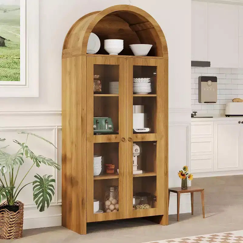 Mueble Expositor Acekool con Arco y Estantes Ajustables, Vitrina de Almacenamiento de 178 cm de Alto en Roble con Puertas de Acrílico Transparente para Cocina o Salón