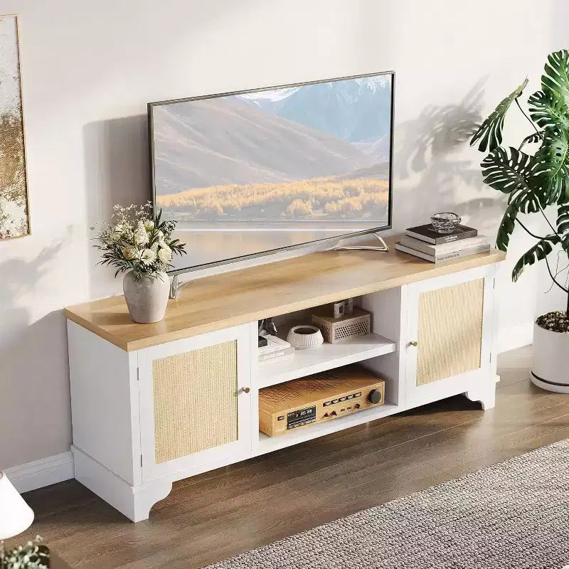 Mueble de TV de 70 pulgadas, Mueble de TV de ratán para sala de estar, Centro de entretenimiento boho, Gabinete consola de madera con almacenamiento y estante.