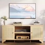 Mueble de TV de 70 pulgadas, Mueble de TV de ratán para sala de estar, Centro de entretenimiento boho, Gabinete consola de madera con almacenamiento y estante.