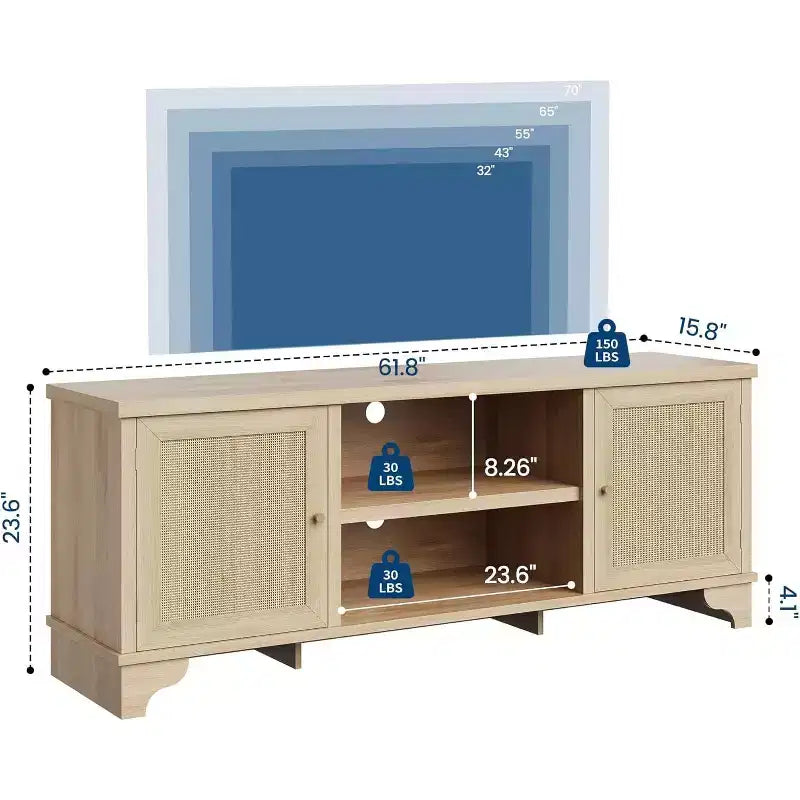 Mueble de TV de 70 pulgadas, Mueble de TV de ratán para sala de estar, Centro de entretenimiento boho, Gabinete consola de madera con almacenamiento y estante.