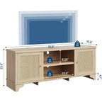 Mueble de TV de 70 pulgadas, Mueble de TV de ratán para sala de estar, Centro de entretenimiento boho, Gabinete consola de madera con almacenamiento y estante.