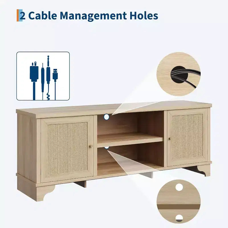 Mueble de TV de 70 pulgadas, Mueble de TV de ratán para sala de estar, Centro de entretenimiento boho, Gabinete consola de madera con almacenamiento y estante.