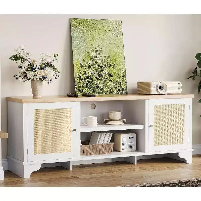 Mueble de TV de 70 pulgadas, Mueble de TV de ratán para sala de estar, Centro de entretenimiento boho, Gabinete consola de madera con almacenamiento y estante.