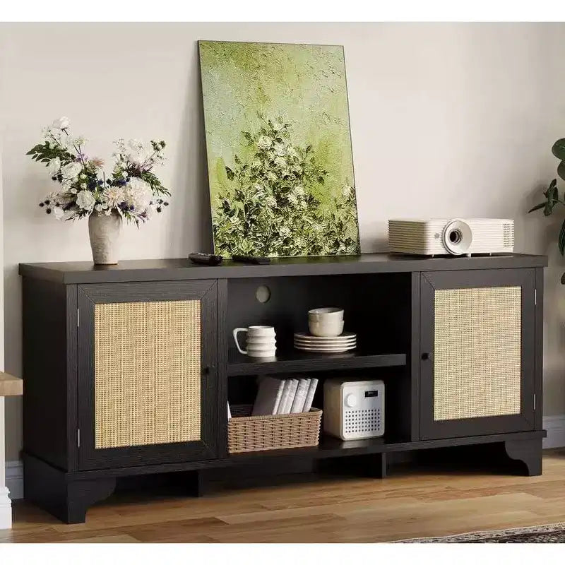 Mueble de TV de 70 pulgadas, Mueble de TV de ratán para sala de estar, Centro de entretenimiento boho, Gabinete consola de madera con almacenamiento y estante.