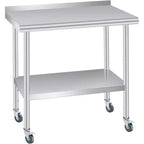 Mesa de acero inoxidable Acekool con ruedas, estación de preparación de alta resistencia de 60x24 pulgadas, salpicadero y estante ajustable para cocina, restaurante, oficina