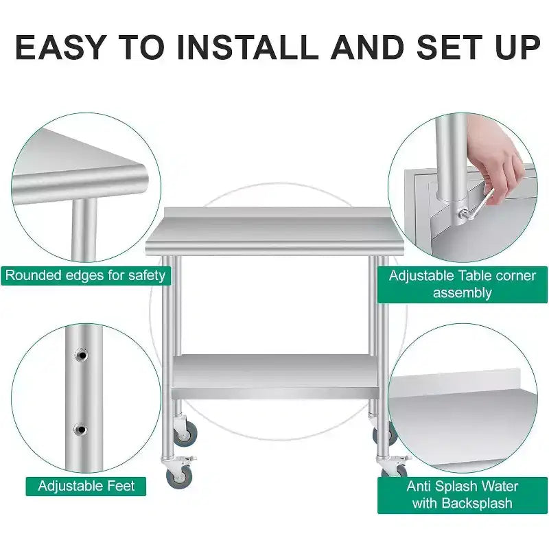Mesa de acero inoxidable Acekool con ruedas, estación de preparación de alta resistencia de 60x24 pulgadas, salpicadero y estante ajustable para cocina, restaurante, oficina