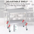 Mesa de acero inoxidable Acekool con ruedas, estación de preparación de alta resistencia de 60x24 pulgadas, salpicadero y estante ajustable para cocina, restaurante, oficina