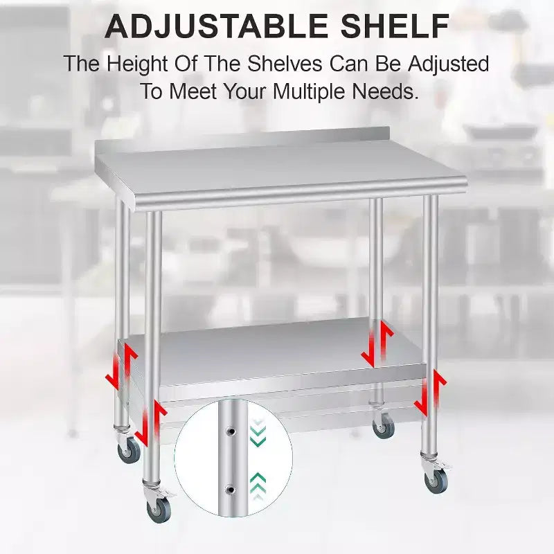 Mesa de acero inoxidable Acekool con ruedas, estación de preparación de alta resistencia de 60x24 pulgadas, salpicadero y estante ajustable para cocina, restaurante, oficina
