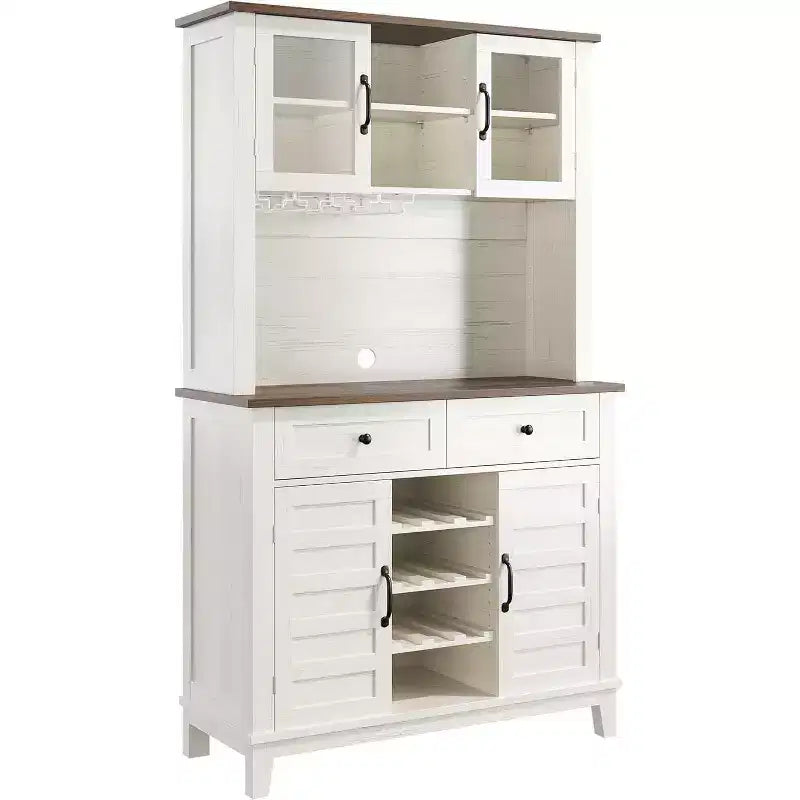 Mueble de despensa de cocina alto Acekool de 183 cm con vitrina, 4 puertas, 2 cajones, botellero y copero, estantes ajustables, gran almacenaje tipo aparador, blanco