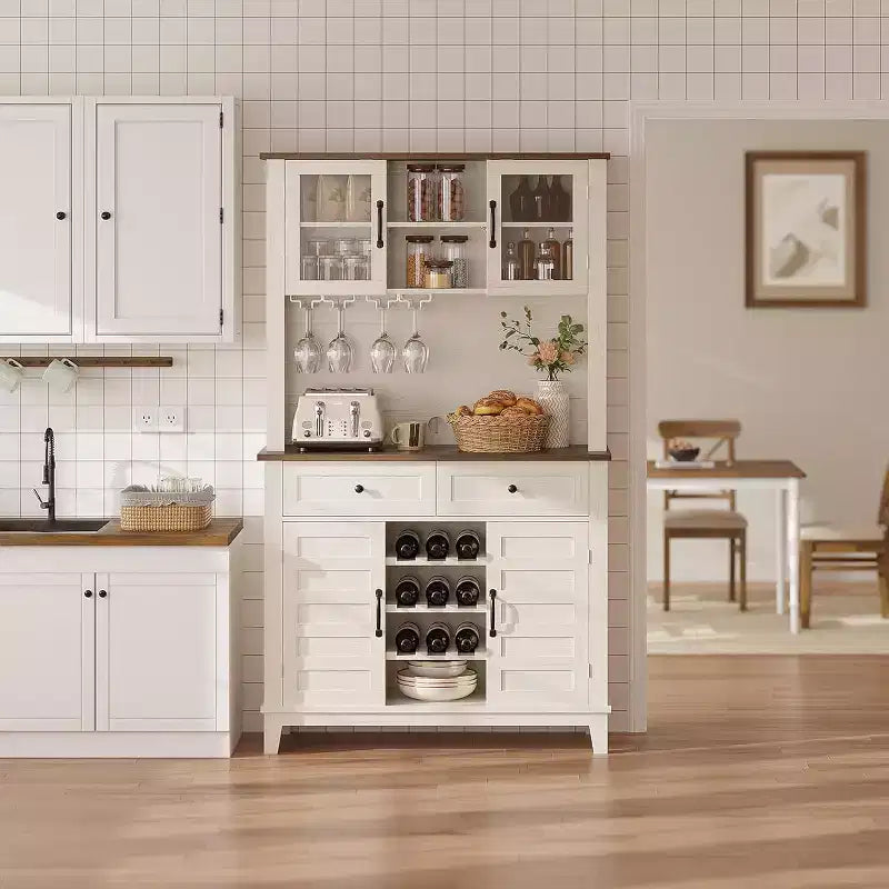 Mueble de despensa de cocina alto Acekool de 183 cm con vitrina, 4 puertas, 2 cajones, botellero y copero, estantes ajustables, gran almacenaje tipo aparador, blanco