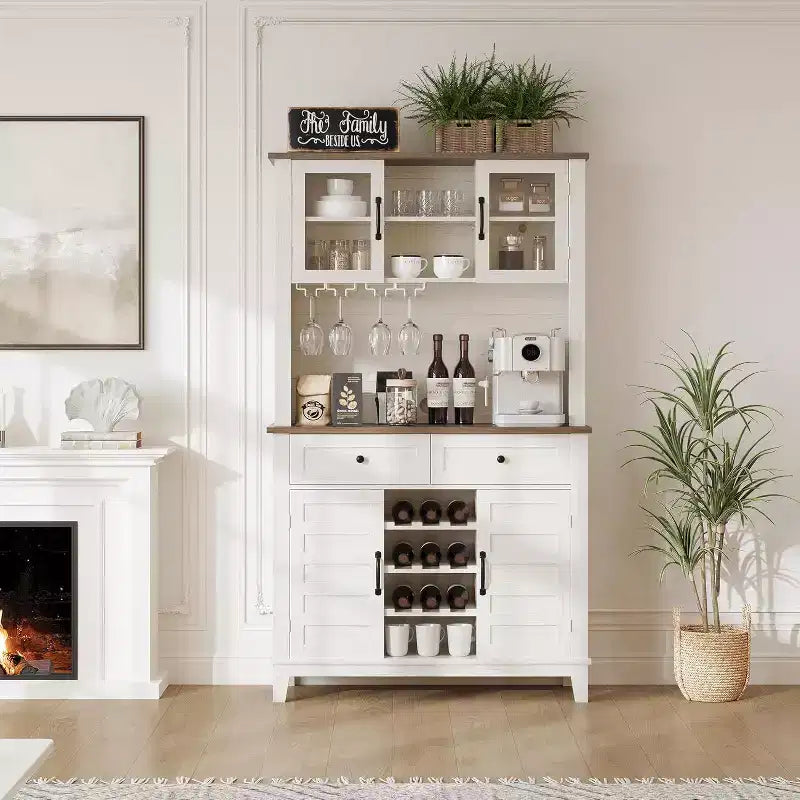 Mueble de despensa de cocina alto Acekool de 183 cm con vitrina, 4 puertas, 2 cajones, botellero y copero, estantes ajustables, gran almacenaje tipo aparador, blanco